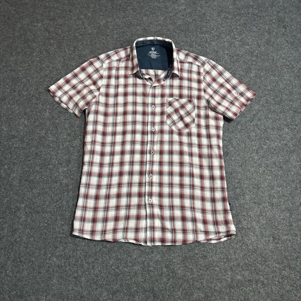 Kuhl Button Shirt Mens Small 100% Organic Cotton Short Sleeve Plaid Hiking